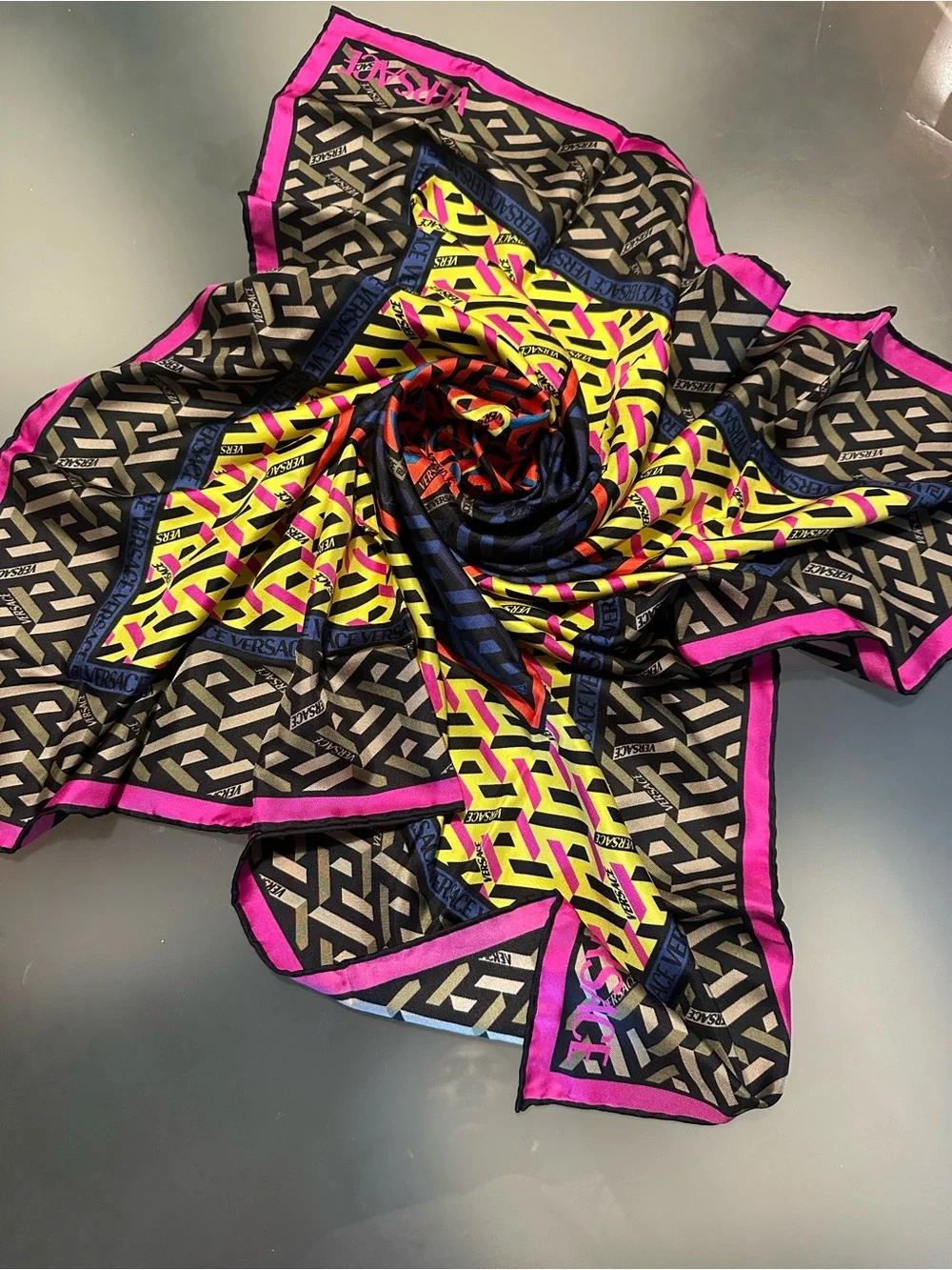 Like New! Large Versace Neon Yellow Blue Pink Geometric Silk Scarf